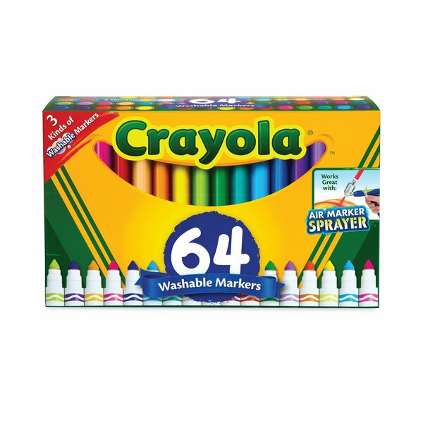 Crayola Broad Line Washable Markers, Broad Bullet Tip, Assorted Colors, PK64 588180